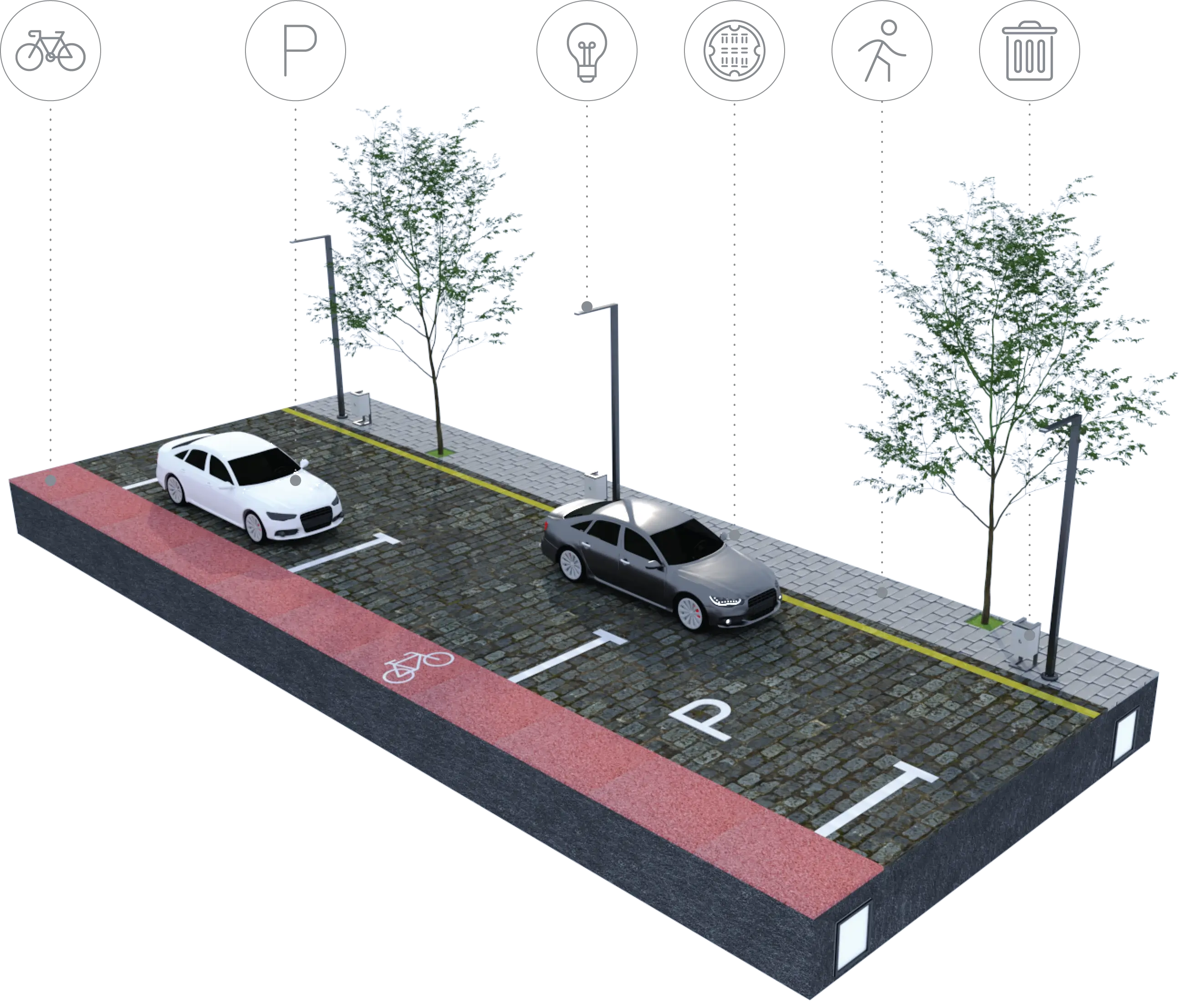 3D render showing parking and road details such as lamps, trashcans, side walks and manholes. 