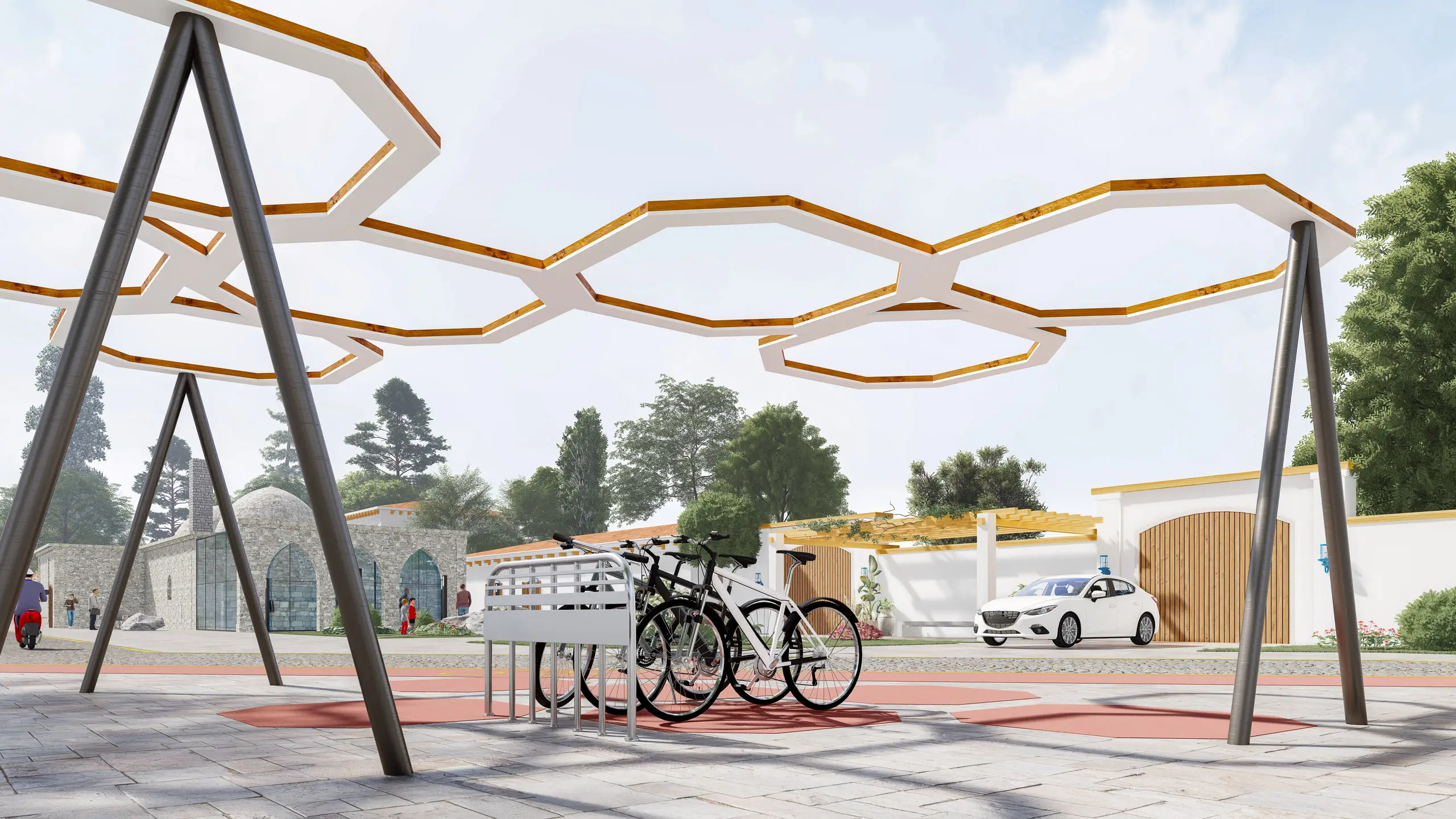 Render showing new bike storage and parking options.